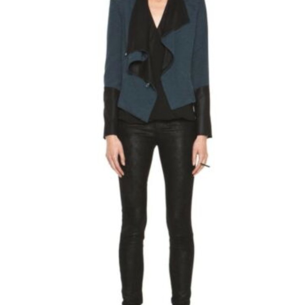 795$ HELMUT LANG Perma COMB DUSTY Sapphire JACQUARD Jacket GOAT LEATHER